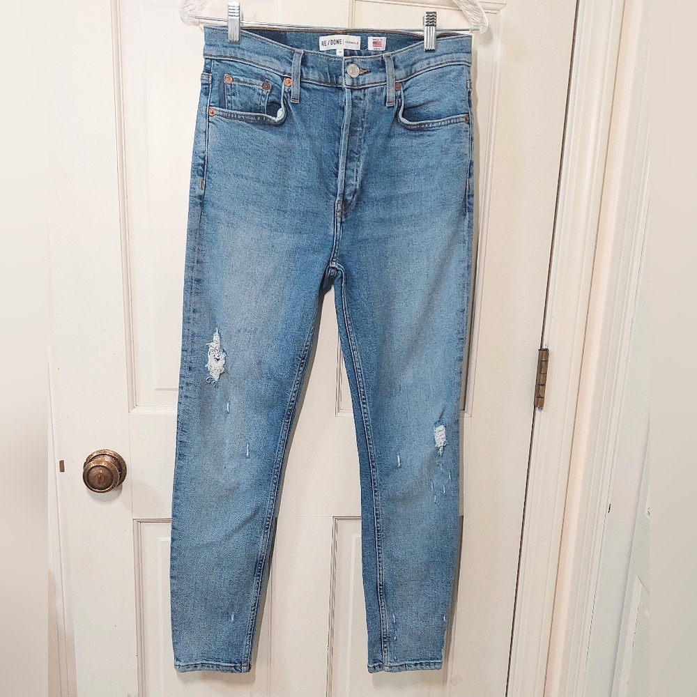 RE/DONE Light Blue Distressed High-rise Button Fly Jeans, Size 28